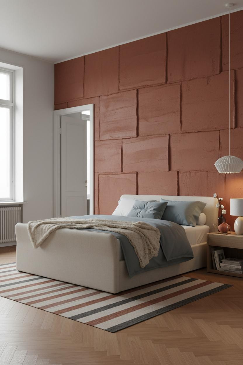 Primary Bedroom Terracotta Plaster Oak Flooring