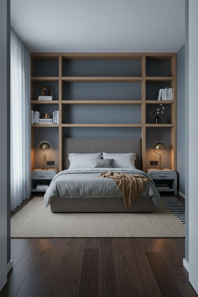 Primary Bedroom Attic Oak Shelving Sconces