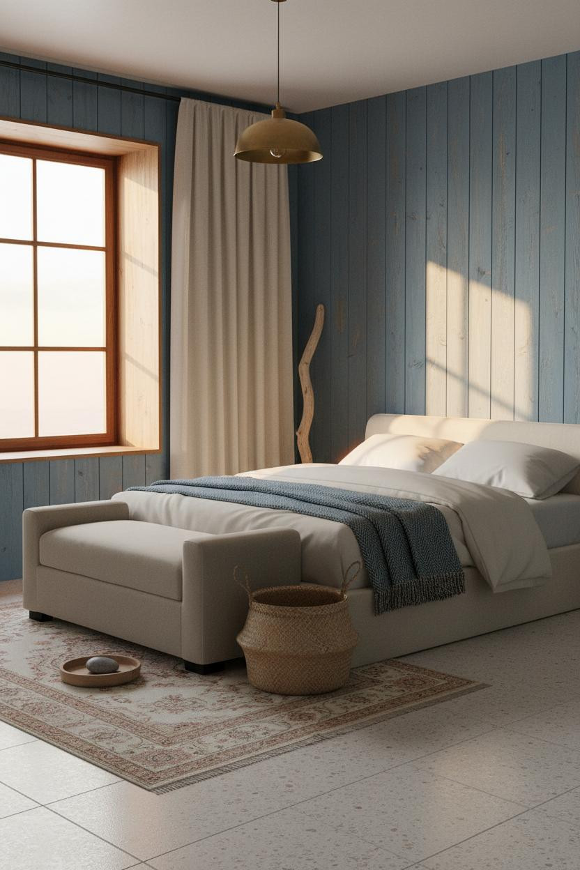 Coastal Grandma Bedroom Blue Walls Terrazzo