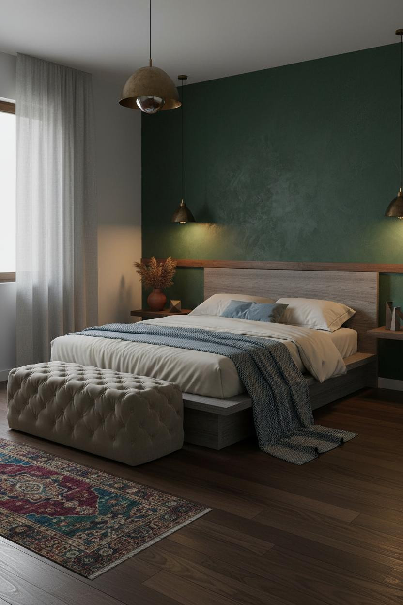 Moody Guest Bedroom Dark Green and Warm Lighting