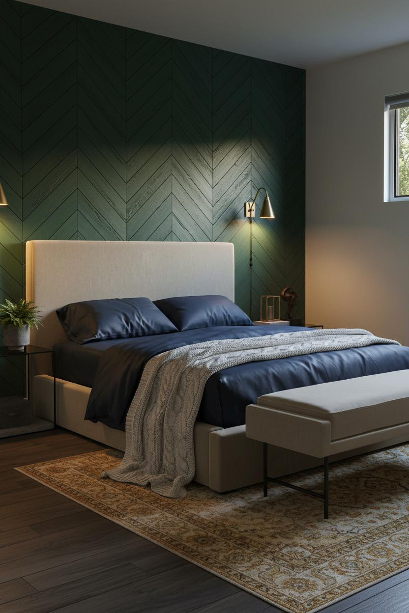 Moody Guest Bedroom Dark Green Herringbone Wall Design