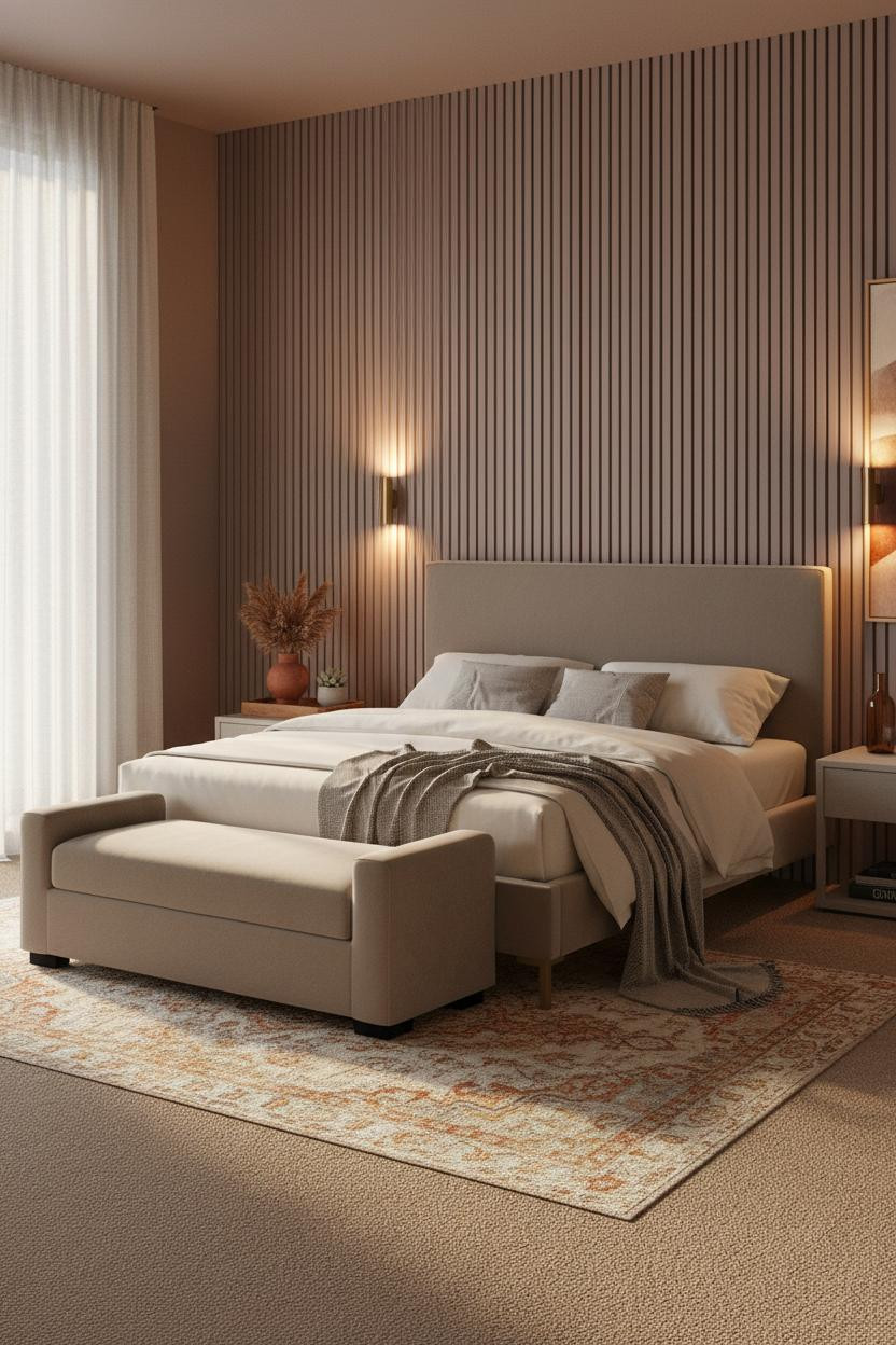 Moody Guest Bedroom Plum Paneling Warm Light