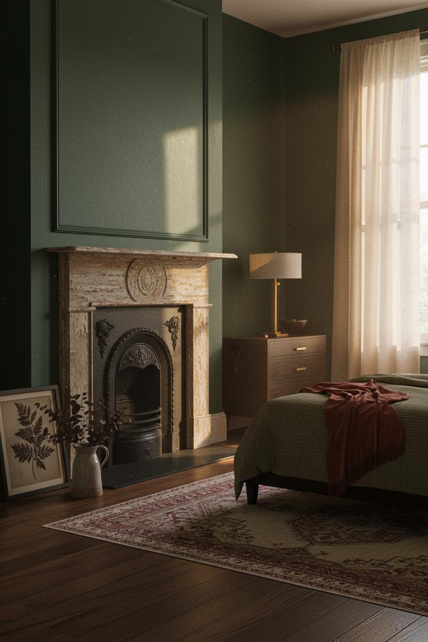 Moody Vintage Bedroom Fireplace Green Walls