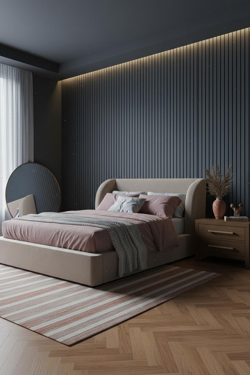Moody Vintage Bedroom Slate Paneling Herringbone