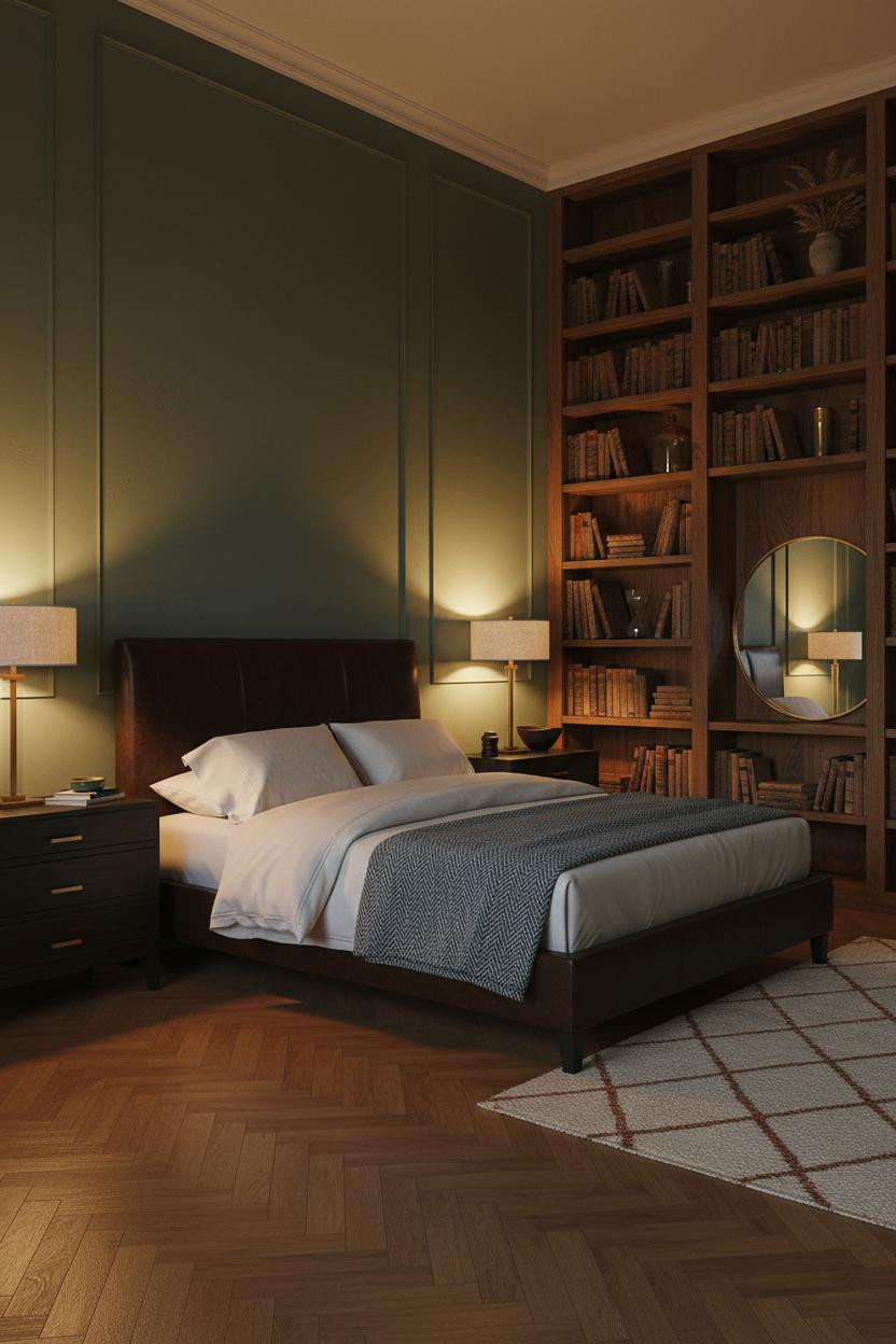 Moody Vintage Bedroom Sage Walnut Shelving
