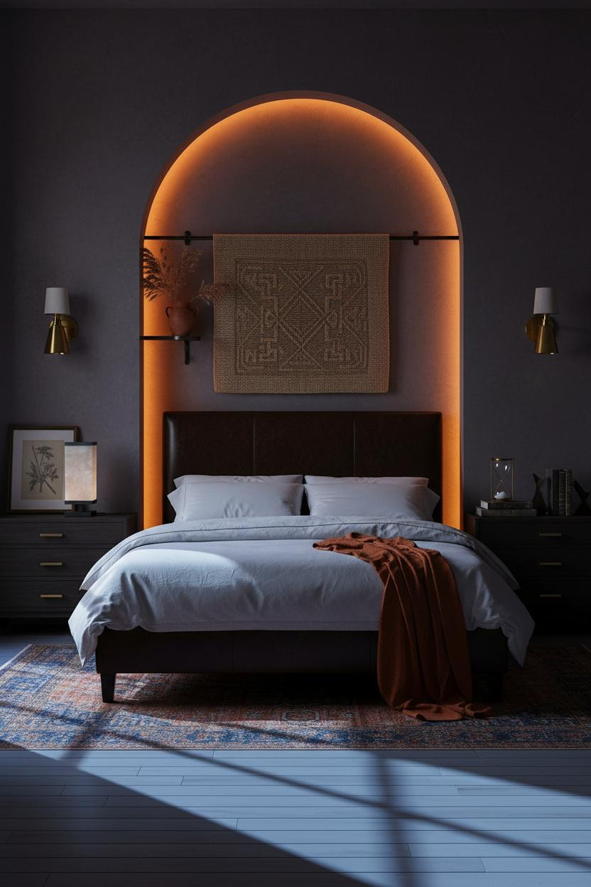 Moody Vintage Bedroom Brass Sconces Plaster
