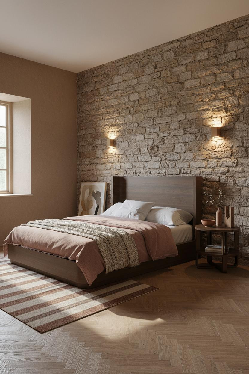 Rustic Bedroom Stone Accent Wall Farmhouse