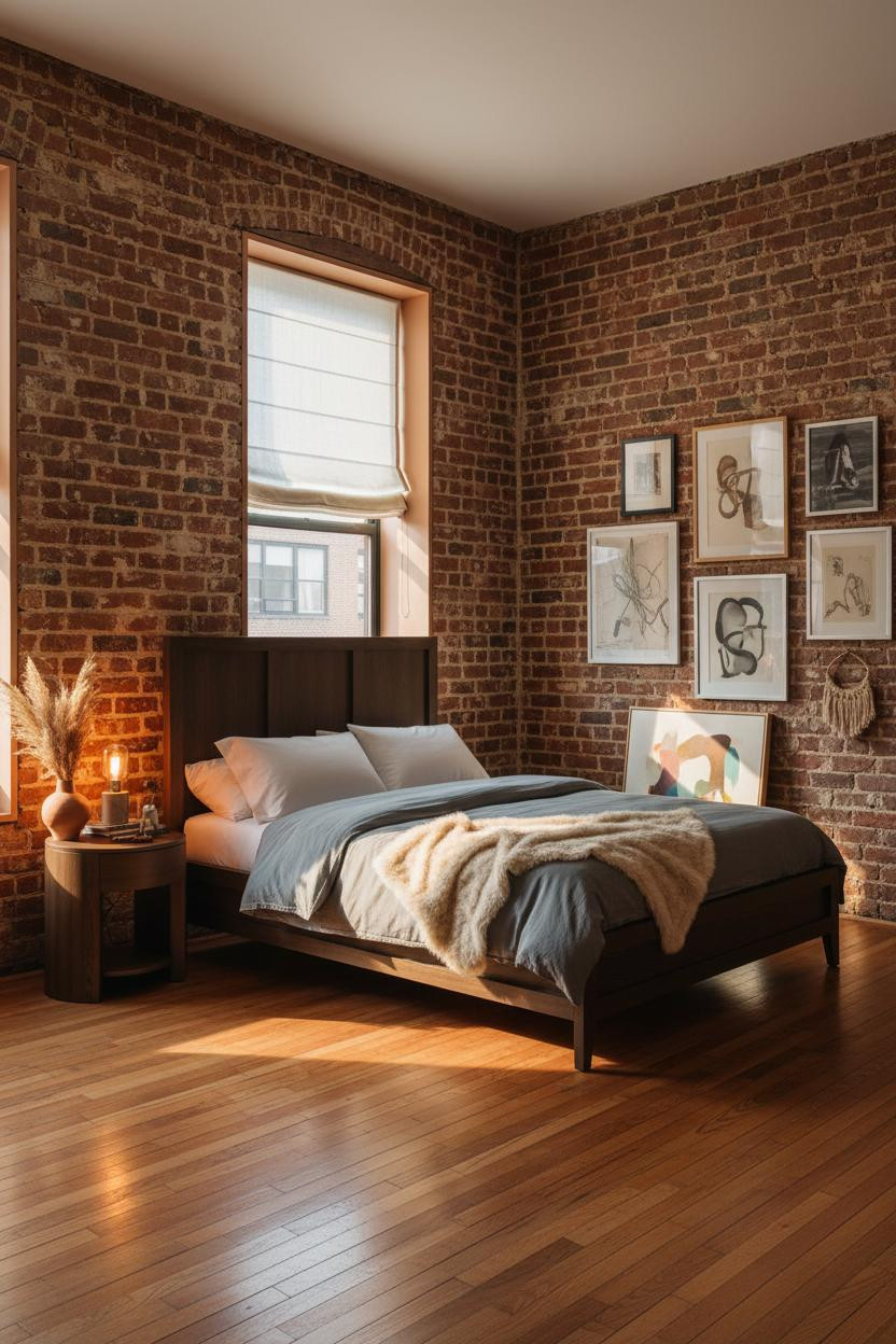 Artsy Bedroom Vintage Exposed Brick Gallery Wall