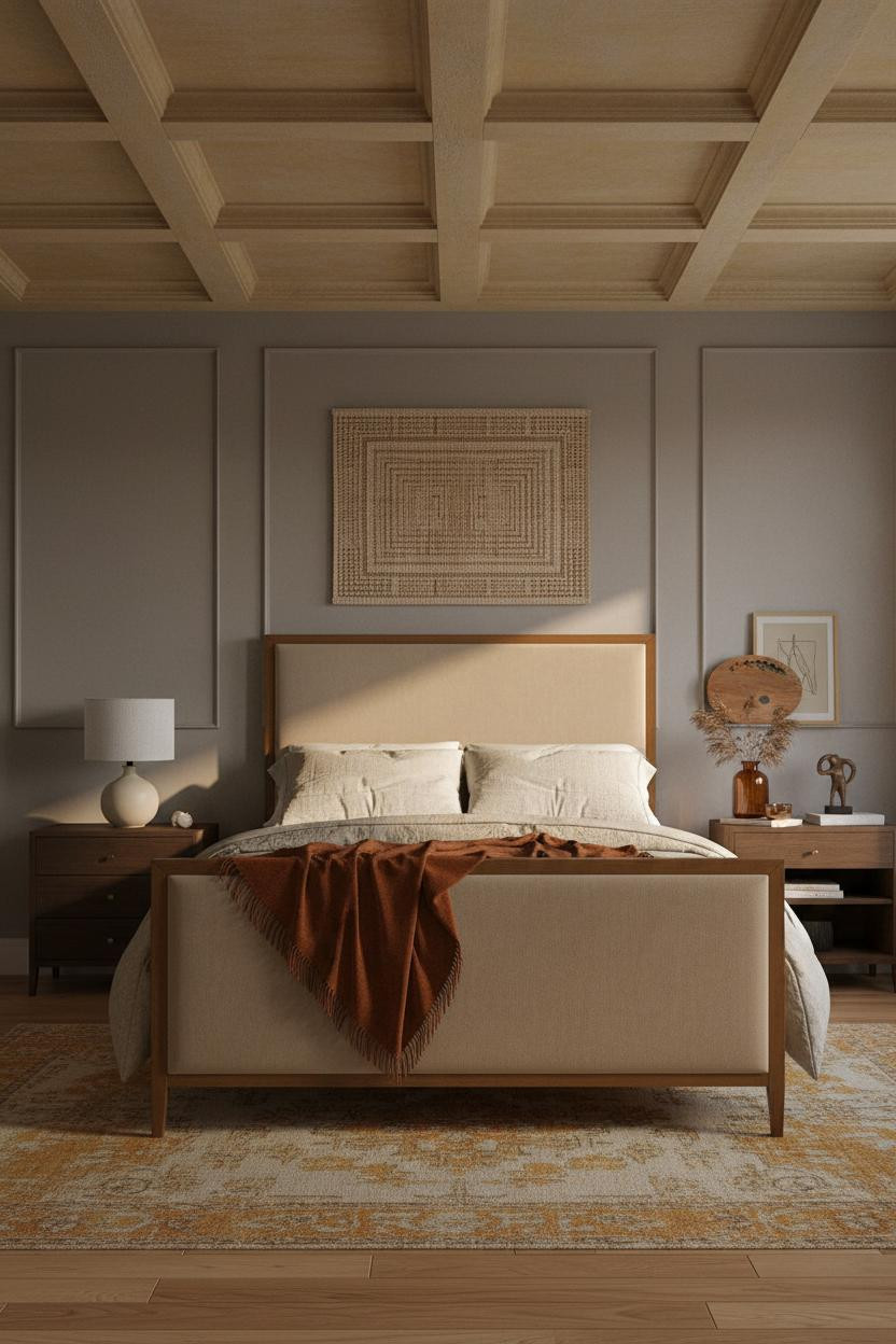 Artsy Bedroom Vintage Coffered Ceiling