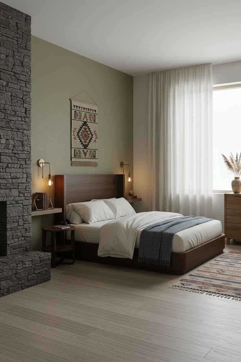 Western Chic Bedroom Stone Fireplace Sage