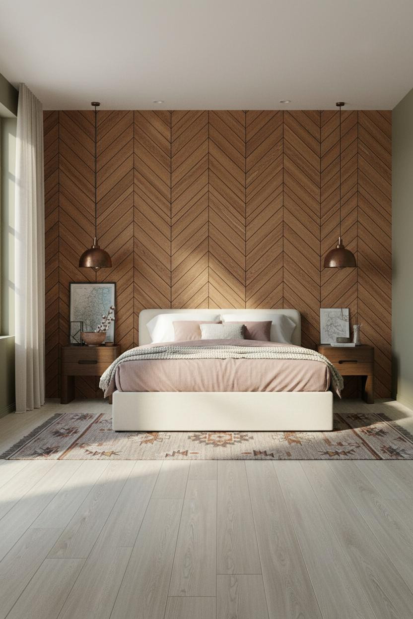 Western Chic Bedroom Herringbone Wood Wall