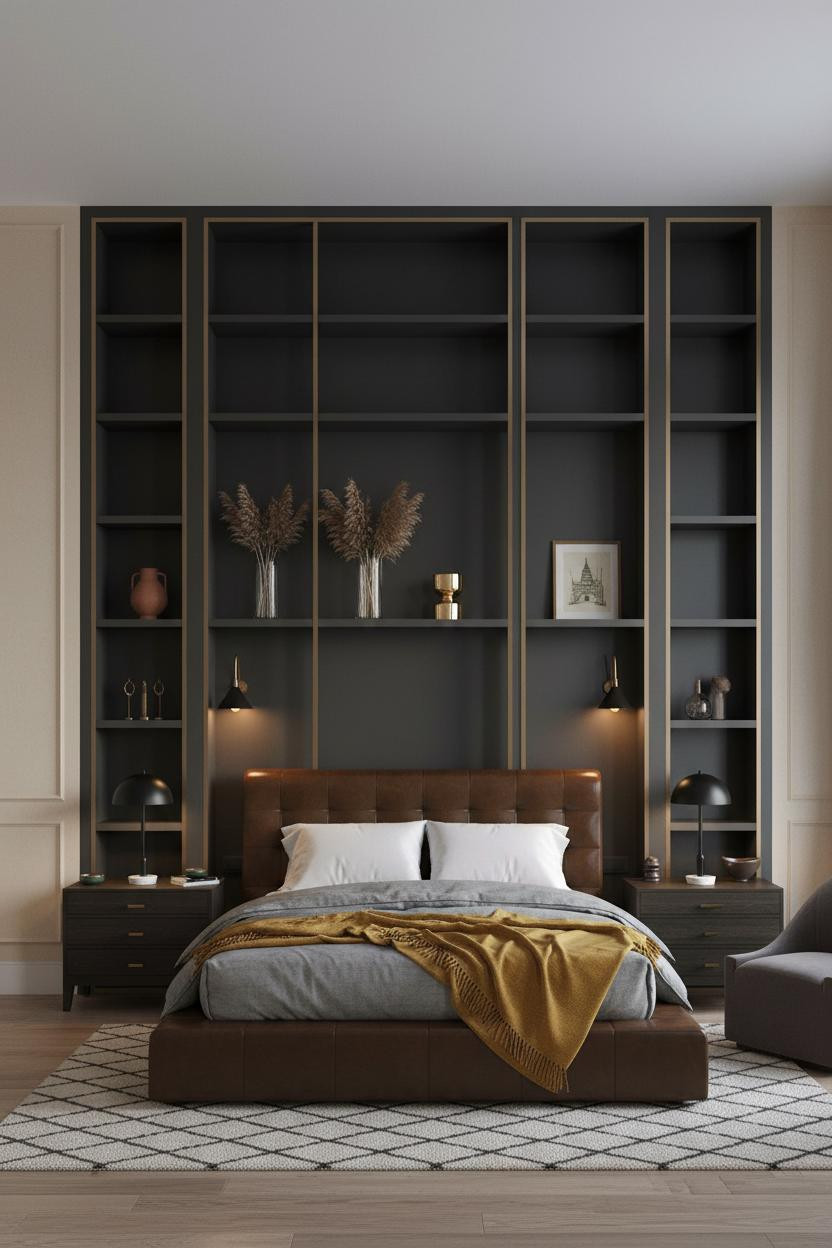 Luxury Bedroom Charcoal Shelving Brass Niches
