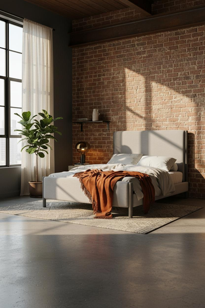Cozy Loft Bedroom Industrial Modern With Exposed Brick and Concrete Floors