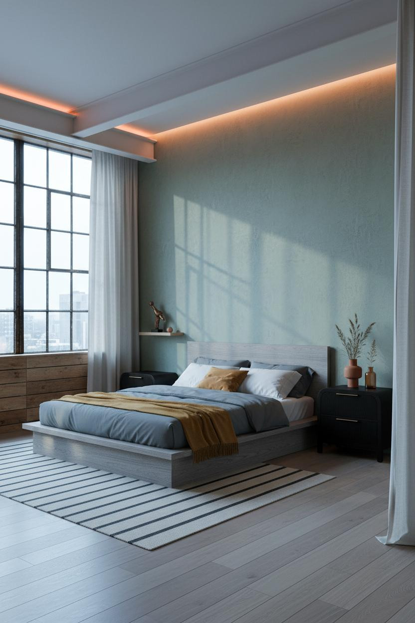 Cozy Loft Bedroom Japandi Industrial Windows With Sage Green Walls