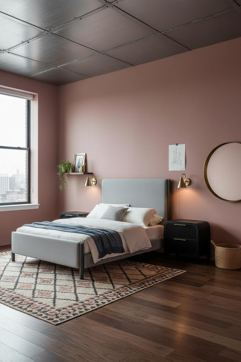 Cozy Loft Bedroom Modern Design With Warm Lighting and Dusty Rose Walls