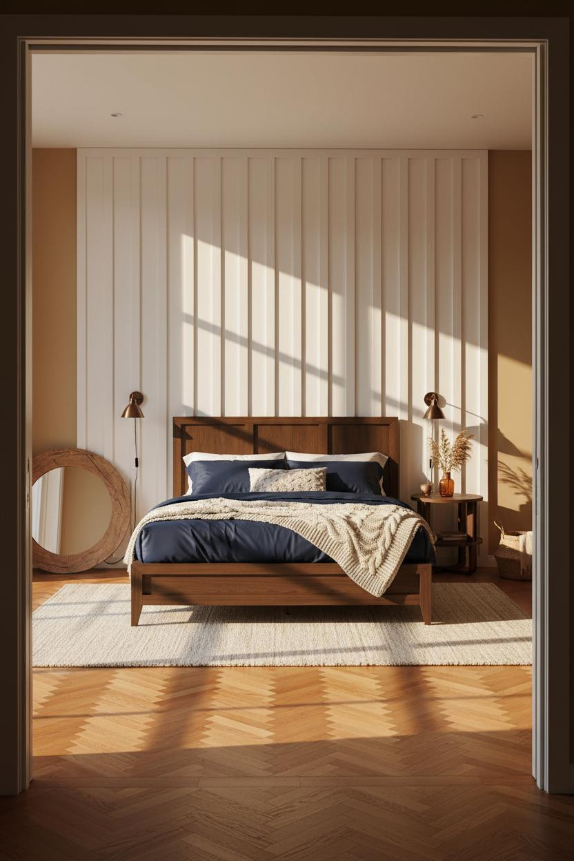 Cozy Loft Bedroom Board and Batten Design With Warm Wood Flooring