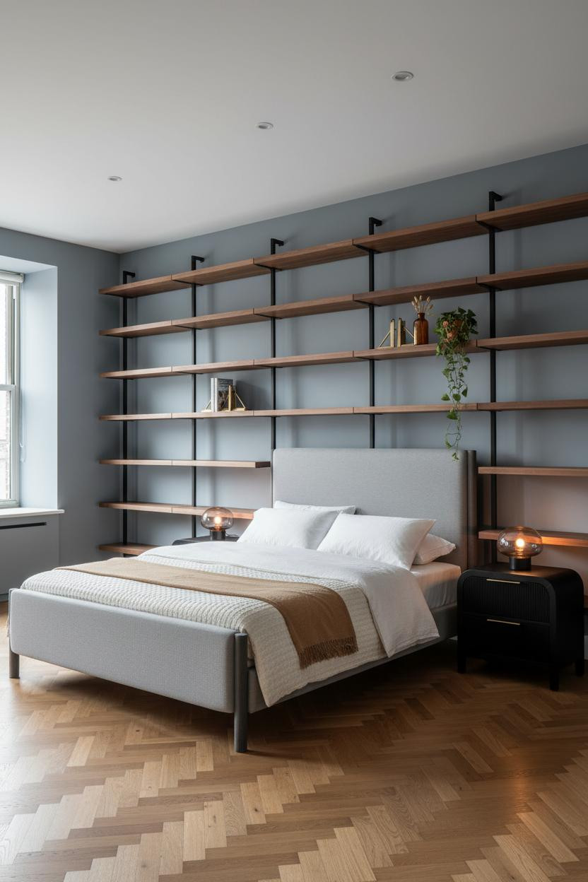 Cozy Loft Bedroom Modern Design With Walnut Shelving