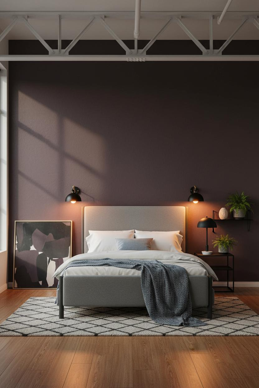 Cozy Loft Bedroom Industrial Steel Truss With Plum Walls