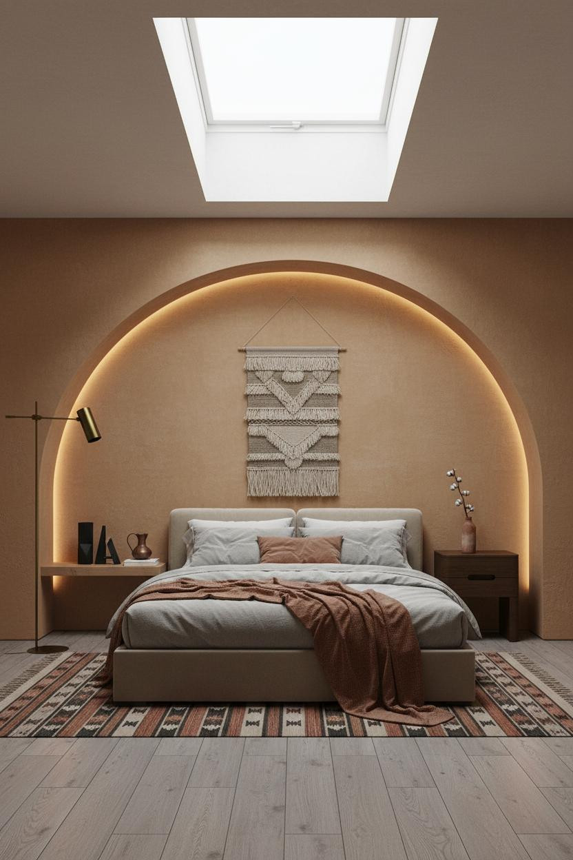 Cozy Loft Bedroom Boho Design With Arched Plaster Niche