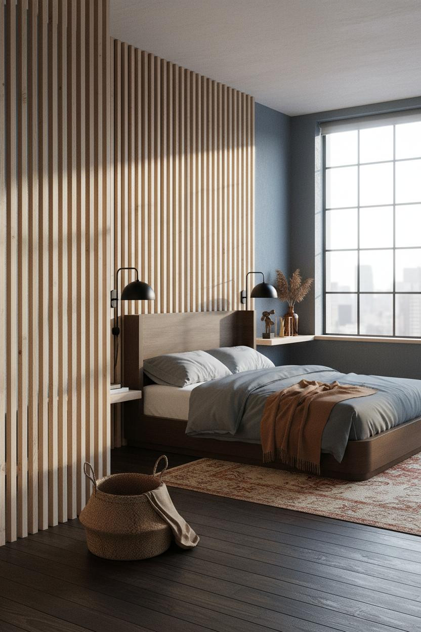 Cozy Loft Bedroom Slatted Wood Partition Design