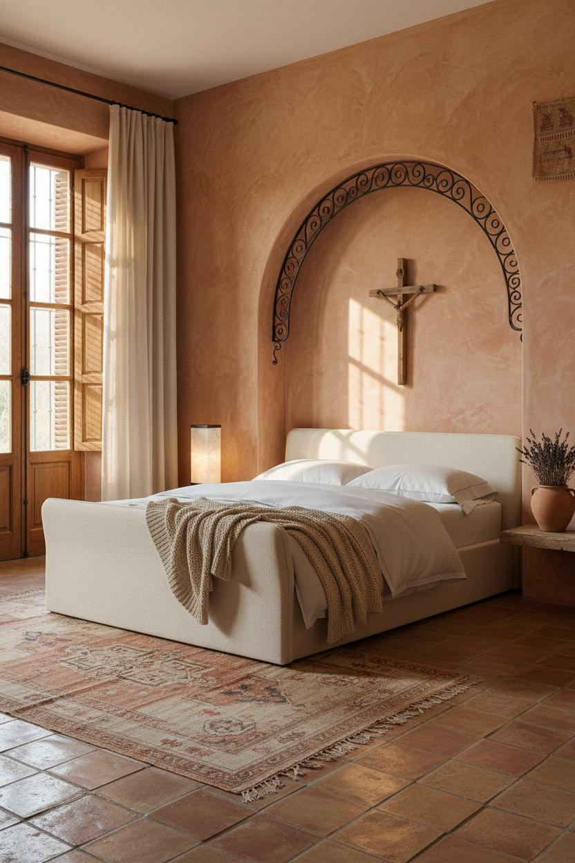 Spanish Mediterranean Bedroom Ochre Plaster Arch