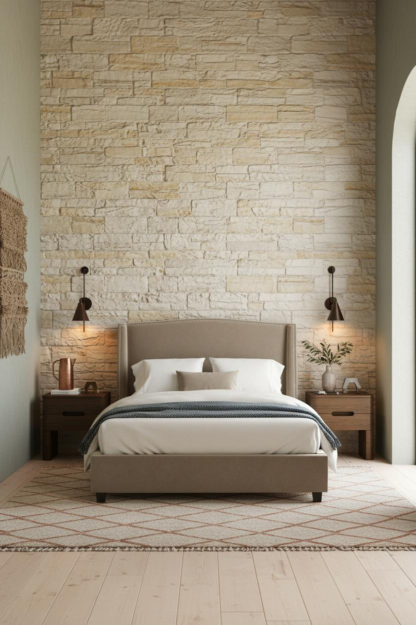 Spanish Mediterranean Bedroom Limestone Accent Wall