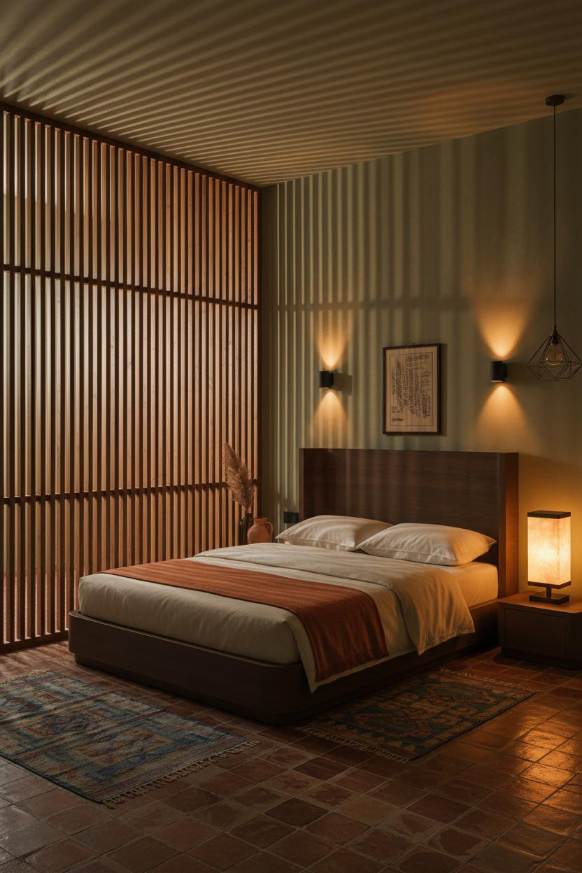 Spanish Mediterranean Bedroom Slatted Wood Screen