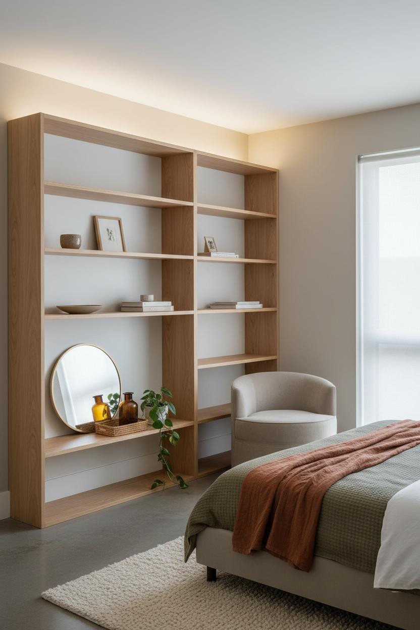 Cute Studio Apartment Corner Shelving Design