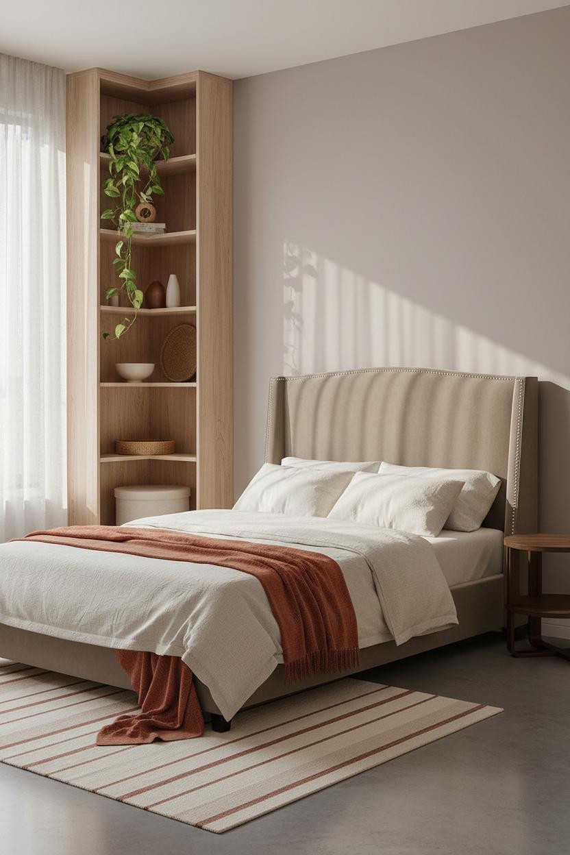 Studio Apartment Corner Shelving With Natural Light