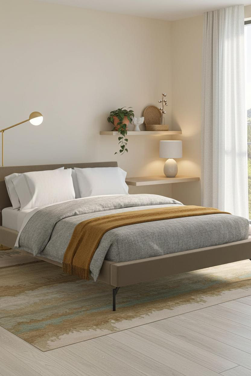 Studio Apartment Bedroom With Floating Shelf