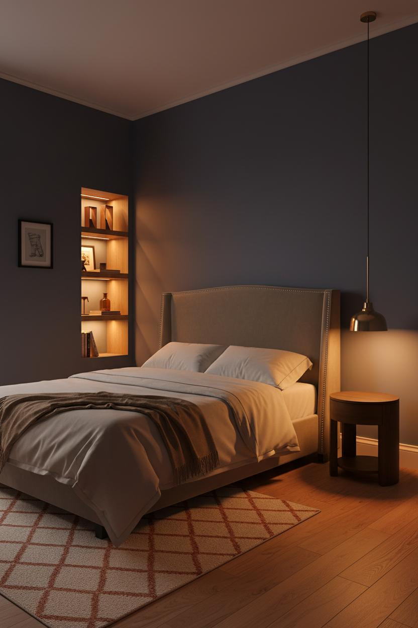 Studio Apartment Indigo Bedroom With Shelving