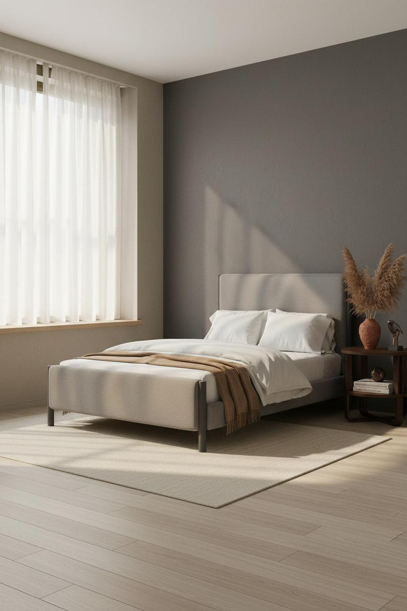 Modern Bed Design Japandi Bedroom with Charcoal Accent Wall