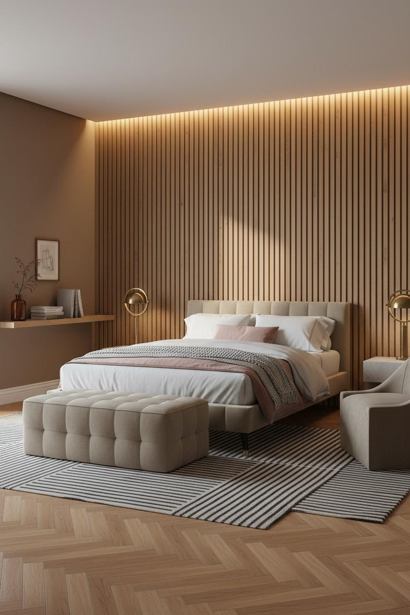 Modern Bed Design Slatted Oak Headwall with Warm Lighting
