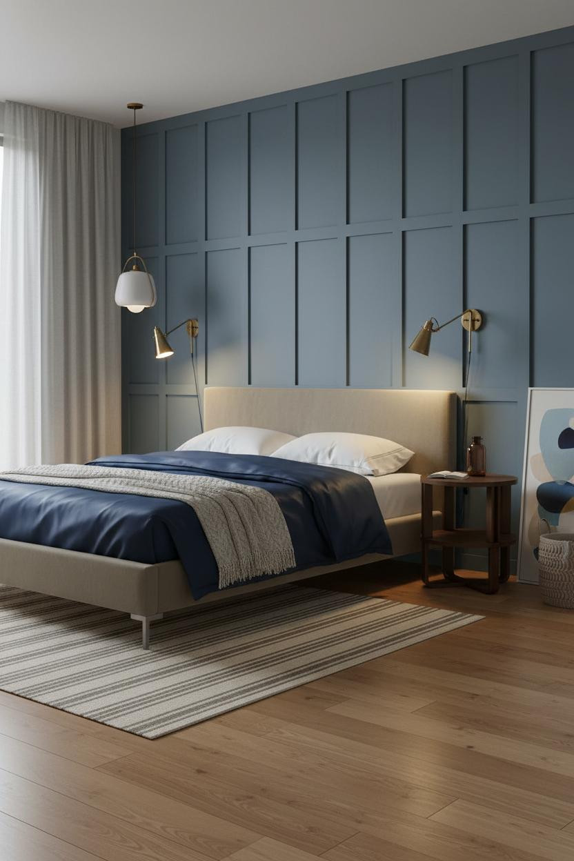 Modern Bed Design Slate Blue Board and Batten Bedroom