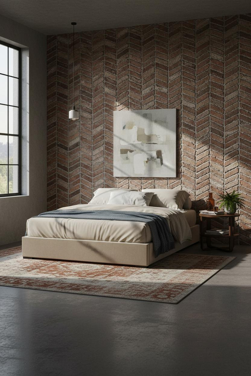 Modern Bed Design Industrial Brick Accent Wall Bedroom