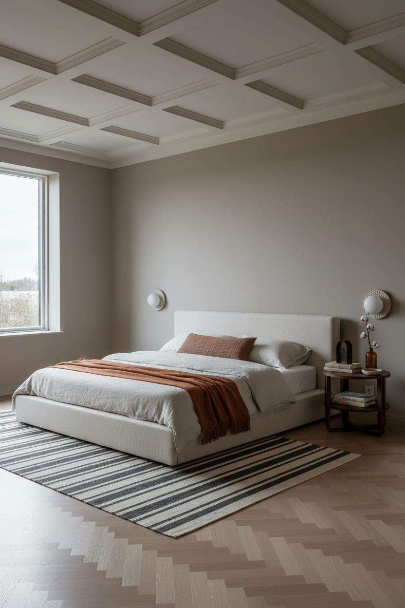 Modern Bed Design Scandinavian Bedroom with Coffered Ceiling