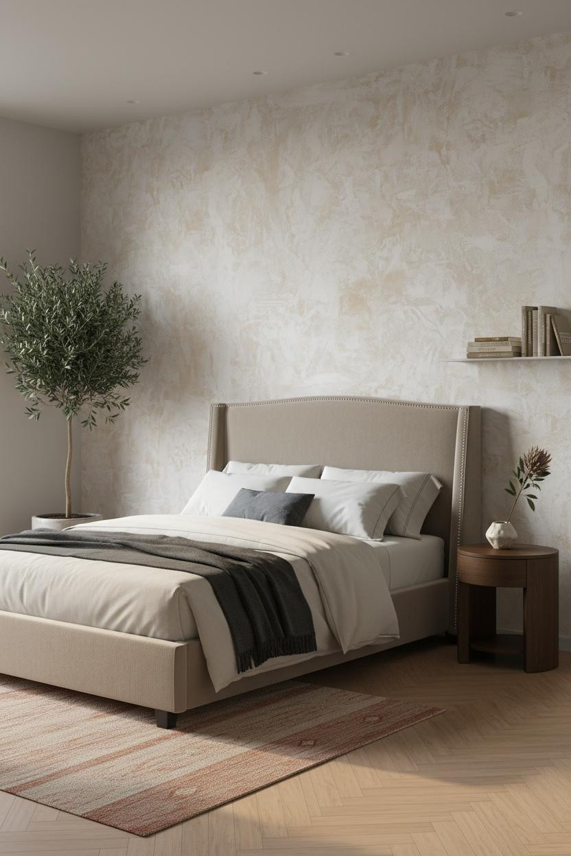 Modern Bed Design Textured Plaster Walls and Minimal Styling