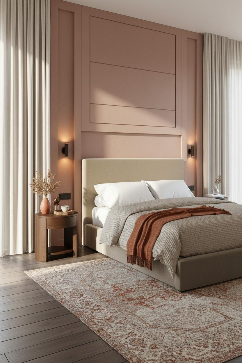 Modern Bed Design Dusty Rose Headboard with Built In Niches
