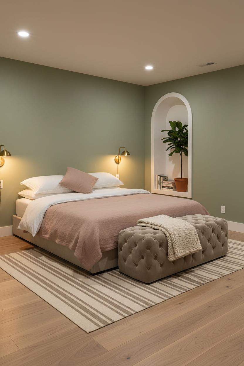 Cozy Basement Bedroom Sage Walls Lighting