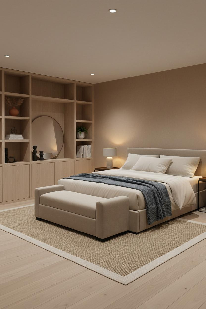 Cozy Basement Bedroom Japandi Shelving