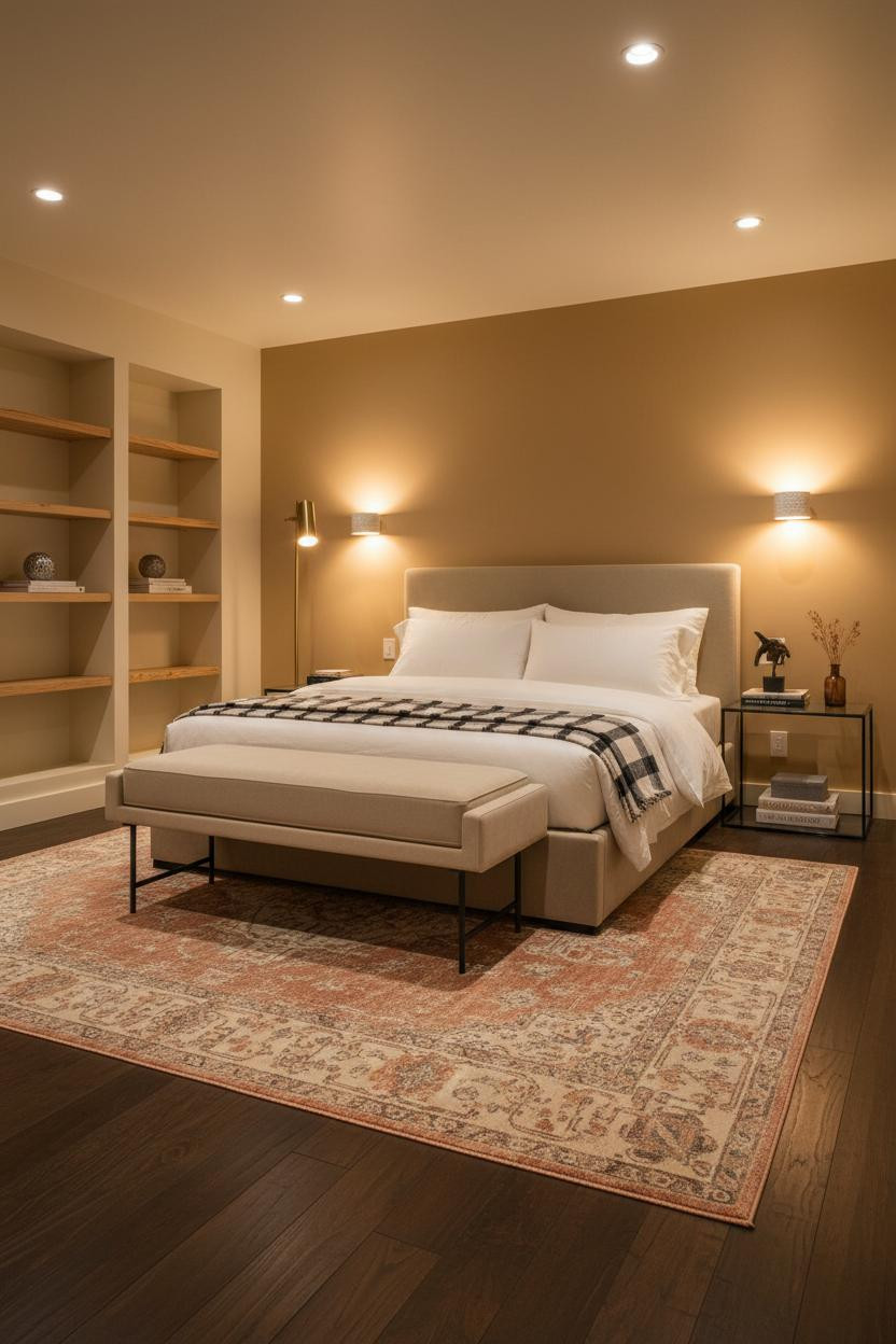 Cozy Basement Bedroom Warm Lighting Shelving