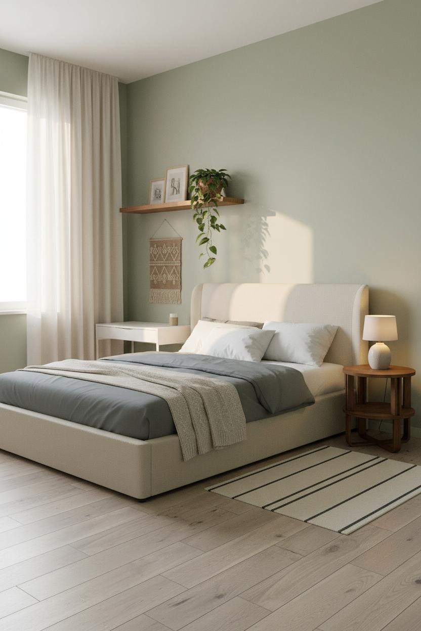 Tiny Guest Bedroom Sage Walls Walnut Shelf