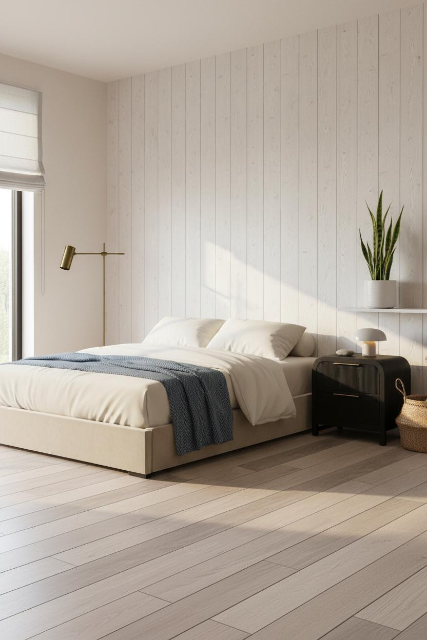 Minimalist Bedroom Wood Paneling Warm Light