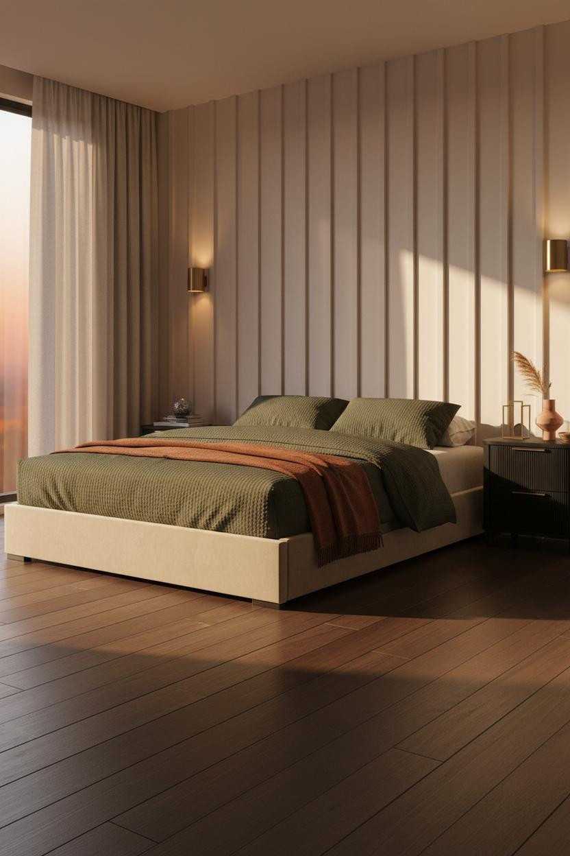 Minimalist Bedroom Batten Wall Warm Sconces