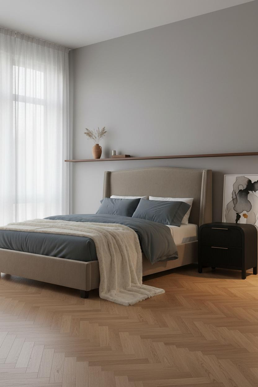 Minimalist Bedroom Walnut Shelf Grey Walls