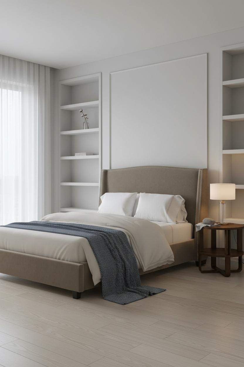 Minimalist Bedroom Built In Shelving Warm Light