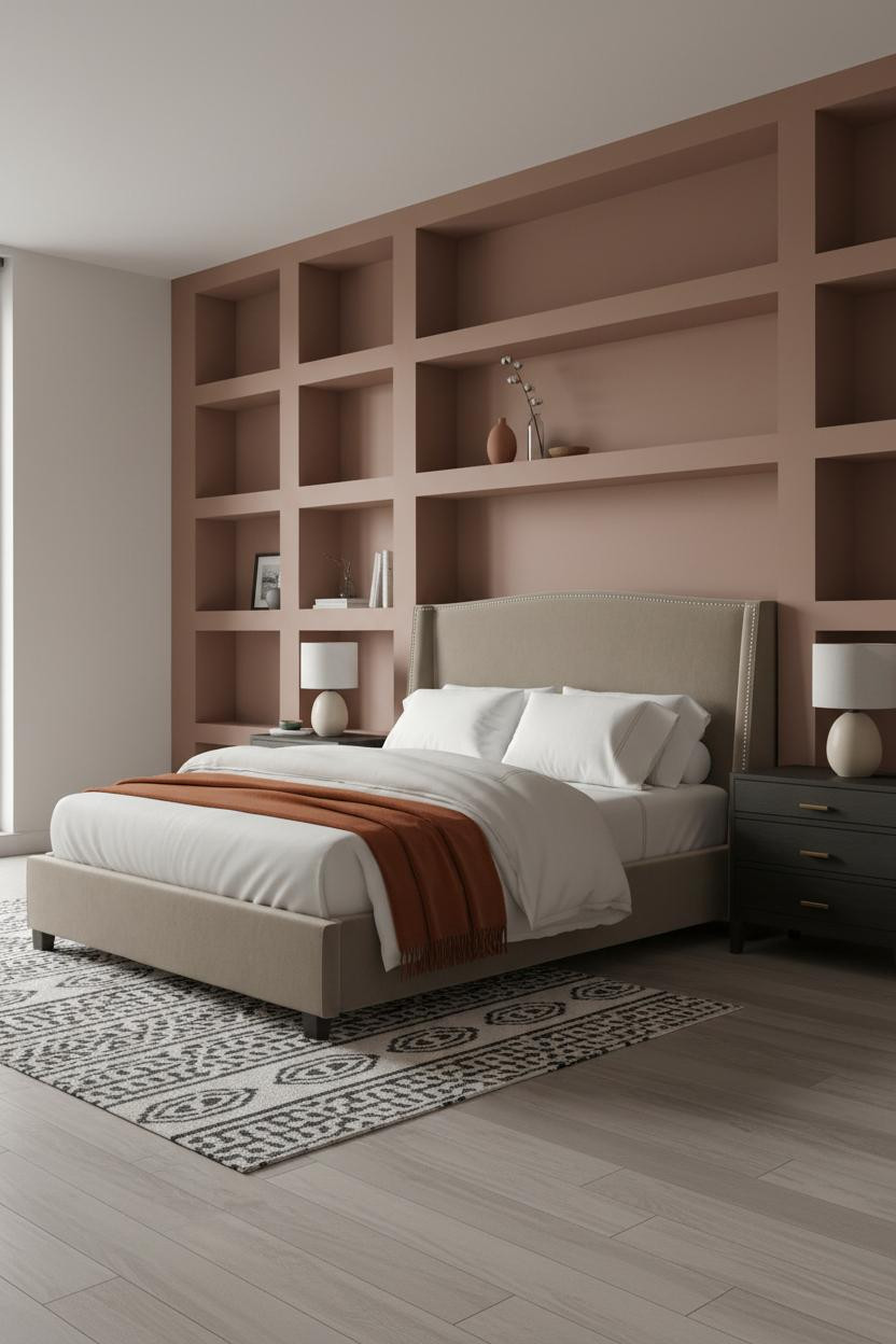 Minimalist Bedroom Plaster Shelving Warm Lighting