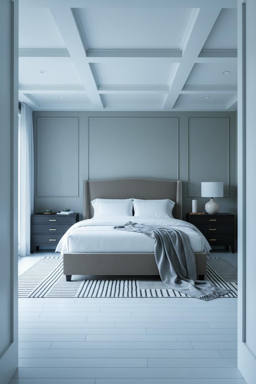 Minimalist Bedroom Sage Coffered Ceiling