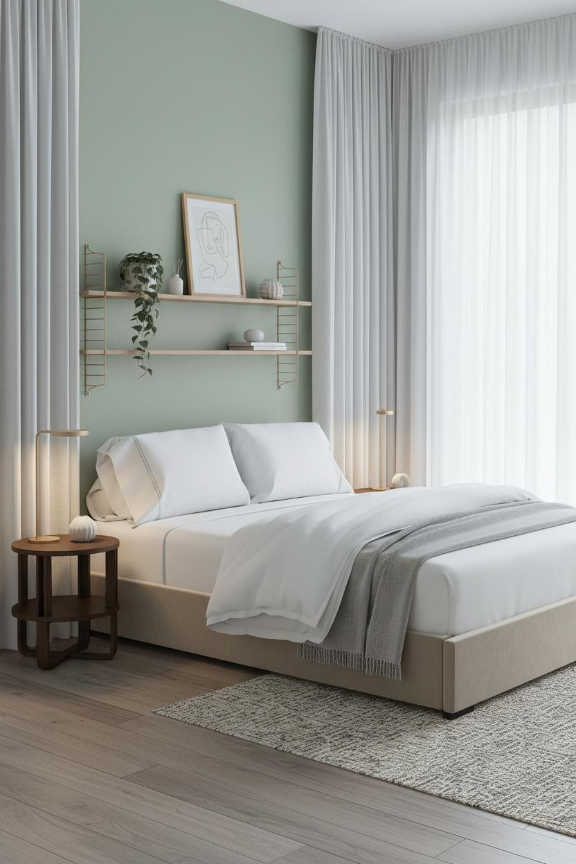 Small Bedroom Layout Floating Shelves Scandi