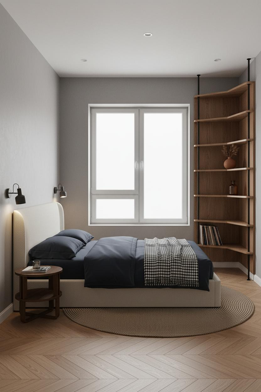 Small Bedroom Layout Corner Shelving Storage